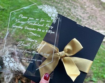 Clear Acrylic Wedding Invitation: Gold Floral Edges, Quinceanera, Sweet 16
