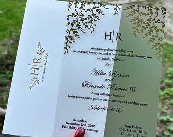 Gold Foil Leaf Wedding Invitation: Clear Acrylic Card & White Pocket