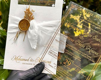Gold Foil Acrylic Wedding Invitation: White Envelope & Wax Seal