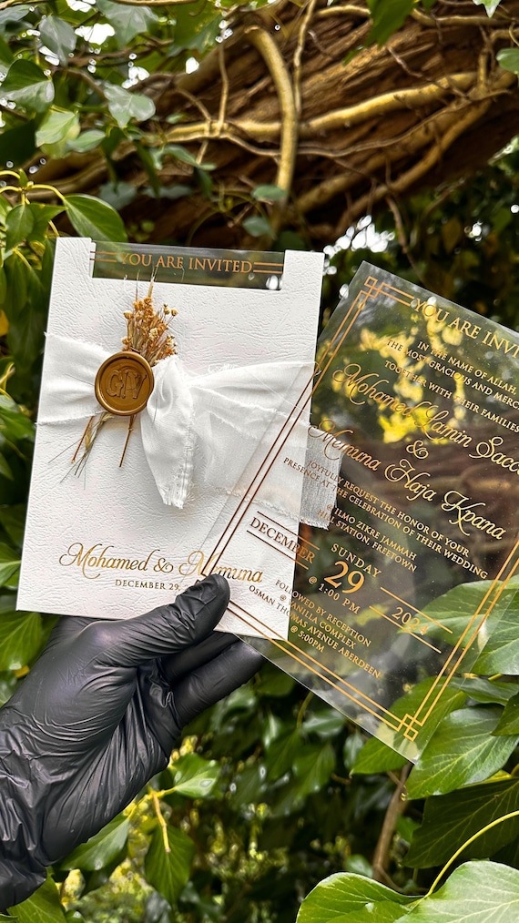 Gold Foil Acrylic Wedding Invitation: White Envelope & Wax Seal
