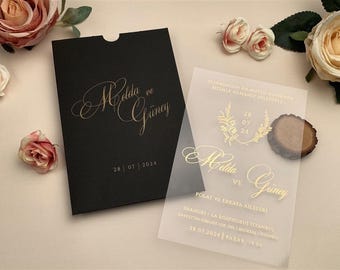 Elegant Gold Acrylic Wedding Invitation with Black Envelope