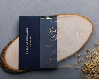 Elegant Gold Foil Acrylic Wedding Invitation with Navy Envelope