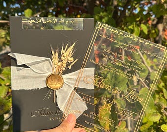 Gold Foil Arabic Calligraphy Acrylic Wedding Invitation with Black Sleeve, Wax Seal & Dried Wheat