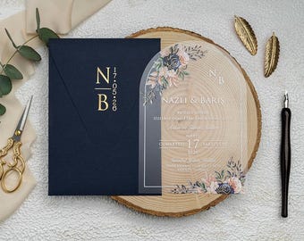 Floral Clear Acrylic Wedding Invitation - Modern Arched Transparent Card
