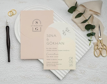 Arch Wedding Invitation with Blush Envelope – Minimalist Botanical Ivory Card, Monogram Elegant Design