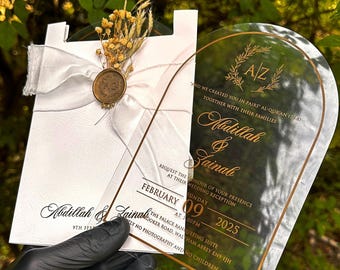 Gold Foil Acrylic Wedding Invitation: White Envelope, Wax Seal & Dried Flower