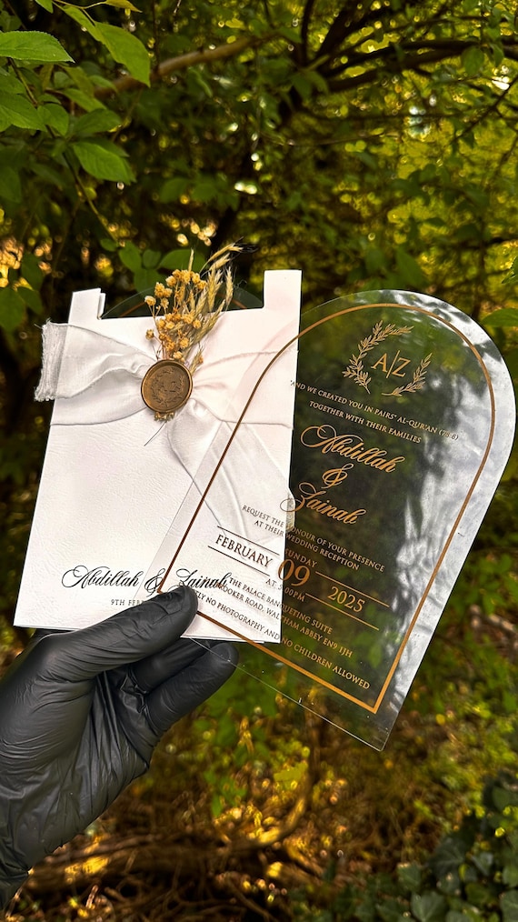 Gold Foil Acrylic Wedding Invitation: White Envelope, Wax Seal & Dried Flower