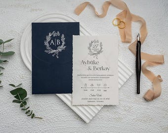 Deckle Edge Wedding Invitation with Navy Envelope – Botanical Wreath Monogram, Elegant Ivory Card