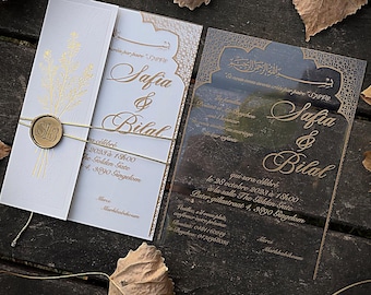 Islamic Acrylic Wedding Invitation with Elegant Gold Foil and Wax Seal