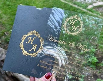 Clear Acrylic Wedding Invitation with Gold Monogram: Quinceañera, Sweet 16