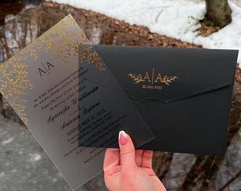 Clear Acrylic Wedding Invitation: Gold Floral Edges, Quinceanera, Sweet 16