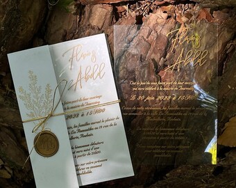 Gold Foil Acrylic Wedding Invitation: Botanical Clear Card with Wax Seal