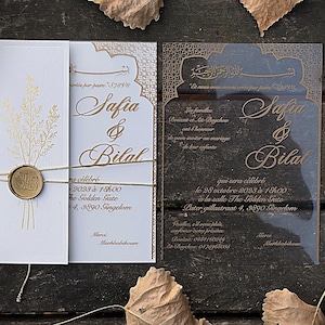 Islamic Acrylic Wedding Invitation with Gold Foil and Wax Seal