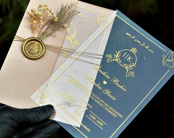 Personalized Acrylic Wedding Invitation – Dusty Pink Envelope, Wax Seal Set