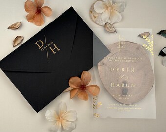 Acrylic Wedding Invitation: Clear Card with Gold Modern Design