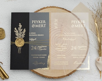 Gold Foil Acrylic Wedding Invitation: Black Envelope & Botanical Wax Seal