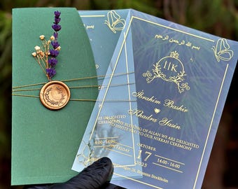 Personalized Acrylic Wedding Invitation – Green Envelope, Wax Seal Set