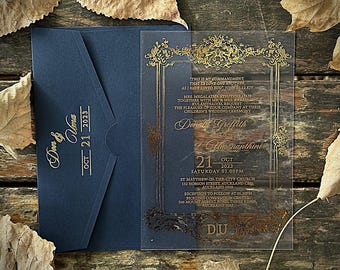 Gold Baroque Acrylic Wedding Invitation: Clear Plexiglass with Navy Envelope