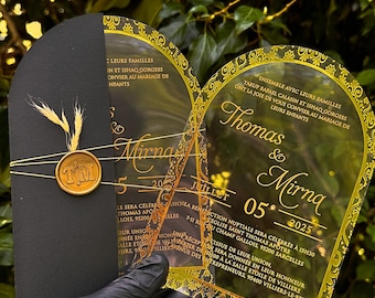 Clear Acrylic Wedding Invitation: Gold Foil Arabic Nikah Card with Wax Seal