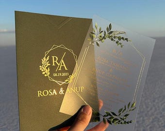 Clear Acrylic Wedding Invitation: Gold Floral Edges, Quinceanera, Sweet 16