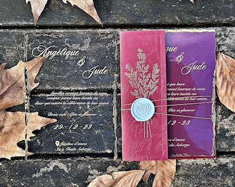 Burgundy Wedding Invitation: Acrylic Card, Gold Script, Wax Seal