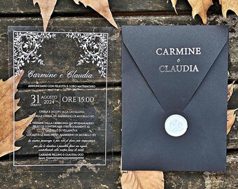 Acrylic Wedding Invitation – Transparent Card with Black Envelope – Modern Plexiglass Hochzeitskarte – Elegant Script Invite