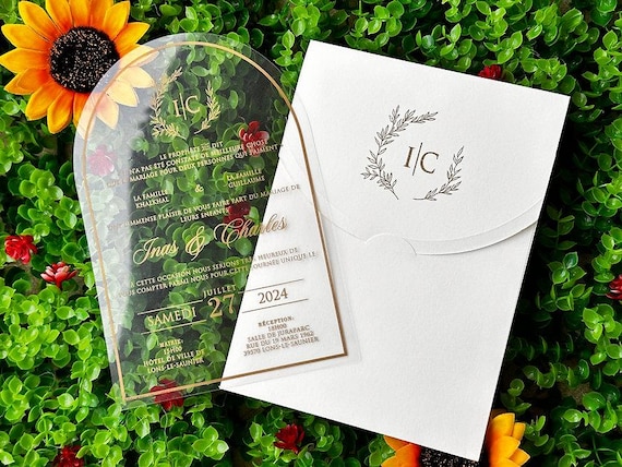 Arch Acrylic Wedding Invitation – Elegant Clear Invite with Gold Foil – Acryl Hochzeit Einladung
