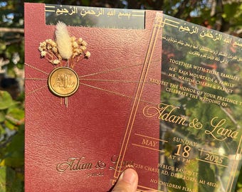 Clear Acrylic Wedding Invitation: Gold Foil Arabic Nikah Card with Wax Seal