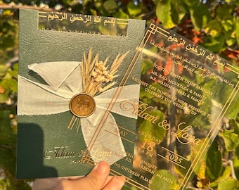 Gold Foil Acrylic Wedding Invitation: Arabic Calligraphy, Wax Seal & Dried Flower