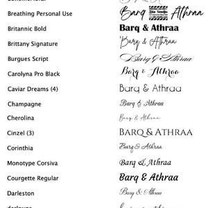 May include: Font samples with names and previews. The fonts are displayed in black, with a variety of styles, including script, bold, and sans-serif. The text "Barq & Athraa" is used for the font previews.