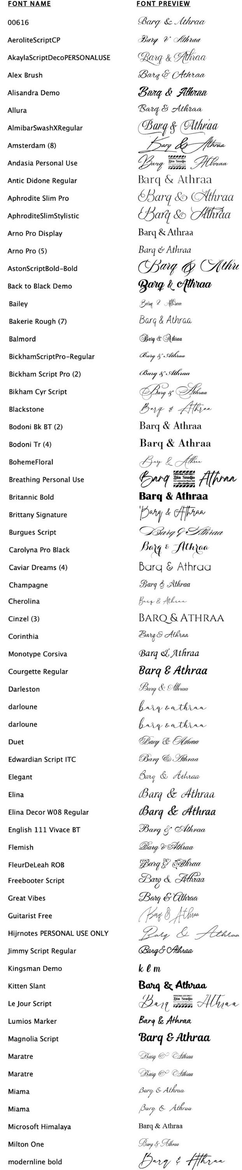 May include: Font samples with names and previews. The fonts are displayed in black, with a variety of styles, including script, bold, and sans-serif. The text "Barq & Athraa" is used for the font previews.