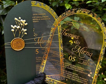 Clear Acrylic Wedding Invitation: Gold Foil Arabic Nikah Card with Wax Seal
