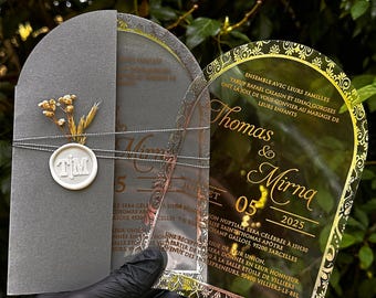 Clear Acrylic Wedding Invitation: Gold Foil Arabic Nikah Card