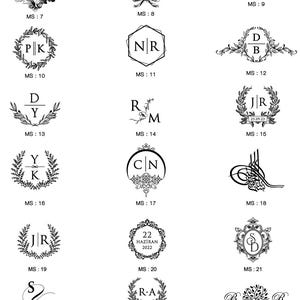May include: A collection of black and white monogram designs, featuring initials, dates, and names. The designs include floral wreaths, geometric shapes, and elegant calligraphy, suitable for personalized gifts or wedding invitations.