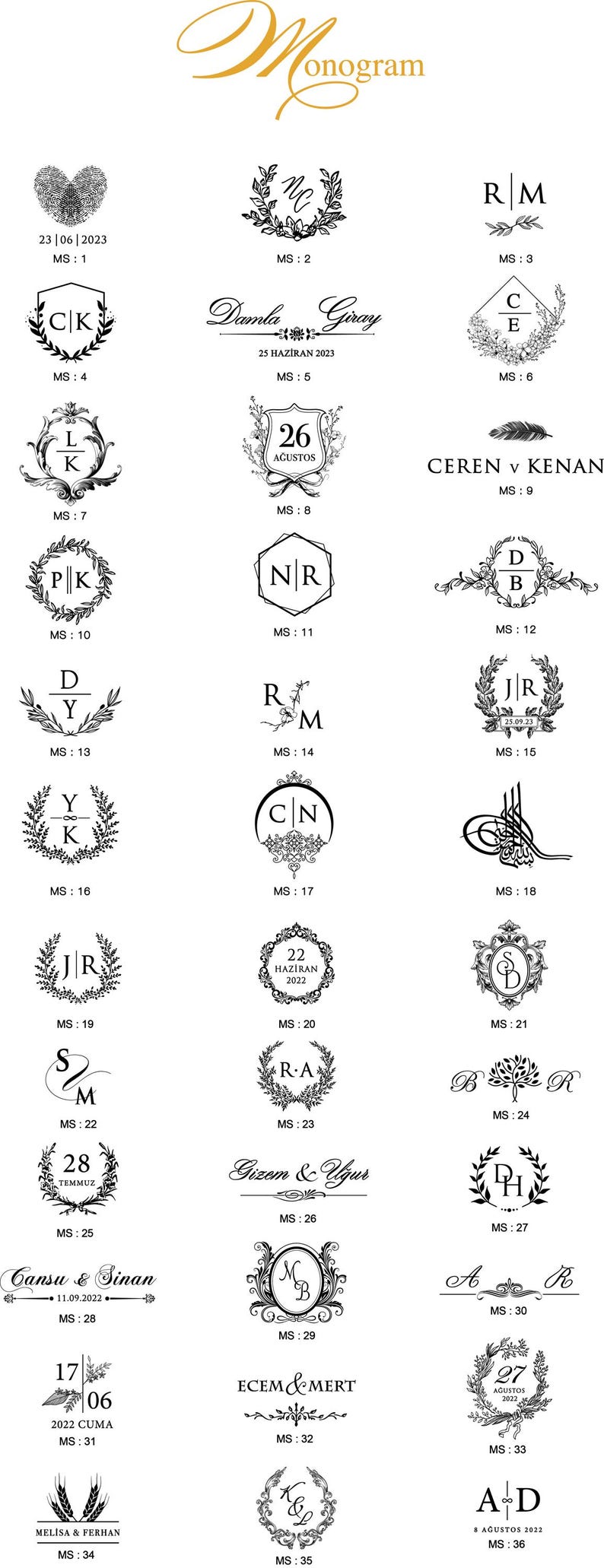 May include: A collection of black and white monogram designs, featuring initials, dates, and names. The designs include floral wreaths, geometric shapes, and elegant calligraphy, suitable for personalized gifts or wedding invitations.