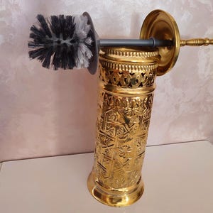 Hand-Engraved Solid Brass Toilet Brush with Stand: Moroccan Bathroom Decor