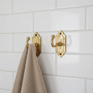 Handmade Moroccan Brass Wall Hook, Engraved Gold Coat Hanger, Ornate Vintage Style Hardware for Bathroom or Entryway.