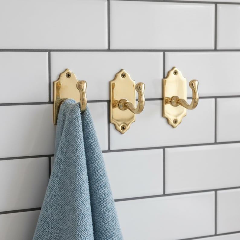 Minimalist Handmade Brass Hooks, Unlacquered Minimalist Brass Hooks, Small Wall Hook for Coats, Towels, Robes. image 1