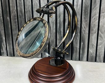 Antique Brass Magnifying Glass with Wooden Base Adjustable Magnifier Lens Table Top Deco