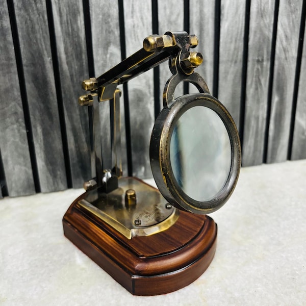 Brass Magnifying Glass with Wooden Lamp Type Stand Vintage Antique Magnifier Reading Lens