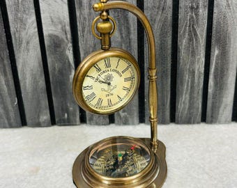 Vintage Brass Desk Clock with Compass Base - Nautical Decor