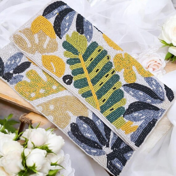 Beaded Clutch Bag Handmade Tropical Leaf Purse Sequin Embroidery