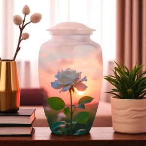 May include: A clear, urn-shaped memorial vase with a white lid. The vase features a sunset scene with a white rose. The vase is sitting on a wooden surface with a gold vase and a small potted plant.