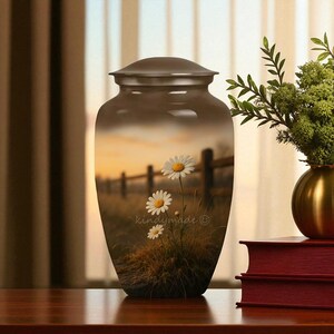 May include: A brown urn with a lid, decorated with a sunset scene and daisies. The urn is displayed on a wooden surface. The text "kindymade" is visible on the urn. The urn is a container for ashes.