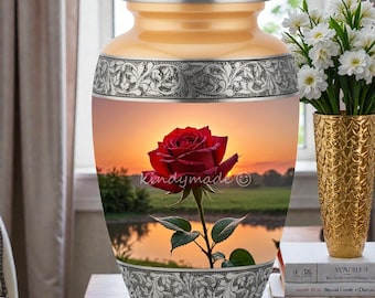 Red Rose Cremation Urn | Adult Funeral Urn for Ashes | Sunset Memorial Urn | Floral Tribute Urn | Elegant Rose Memorial | Sympathy Gift