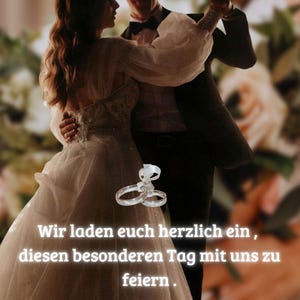 Könnte beinhalten: Eine Hochzeitseinladung mit dem Text "Einladung zur Hochzeit" oben. Das Bild zeigt ein tanzendes Paar, die Braut in einem weißen Kleid. Die Einladung enthält Platz für Datum und Ort.