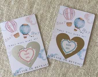 Baby Gender Reveal Scratch Cards: Hot Air Balloon Design