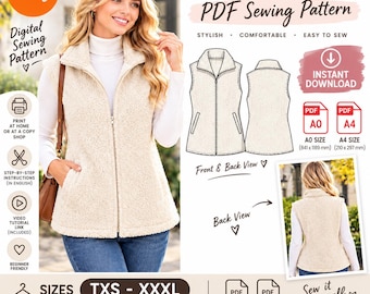 Women's Sherpa Vest Sewing Pattern | Zip-Up Fleece Vest (PDF Download)-| Fleece Vest Pattern  |  Sizes XS-XXXL