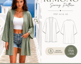Kimono Sewing Pattern pdf  -A4 & A0 Printable Pattern | Instant Download | TXS–XXL | Women’s Open Front Kimono | DIY Sewing Pattern