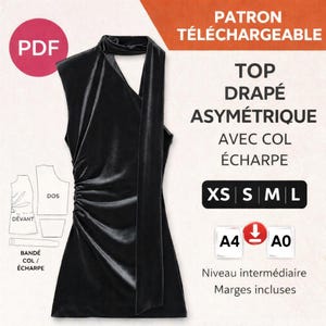 Może przedstawiać: Czarny, drapowany, asymetryczny wzór na top z szalowym kołnierzem. Obraz zawiera tekst "PDF", "TOP DRAPÉ ASYMÉTRIQUE AVEC COL ÉCHARPE" oraz rozmiary XS, S, M i L. Wzór jest dla osób o średnim poziomie zaawansowania.